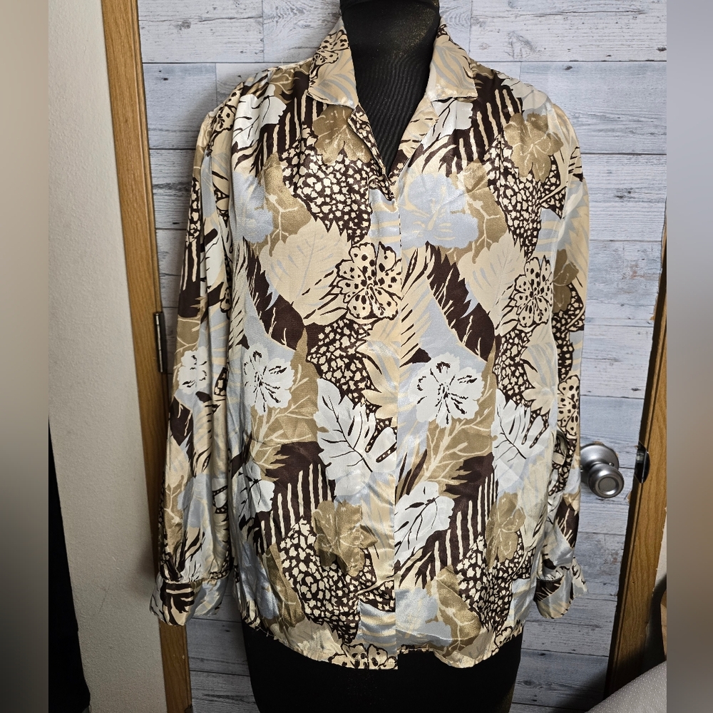 Vtg Satin Tan Blue Floral Print Button Front Blouse